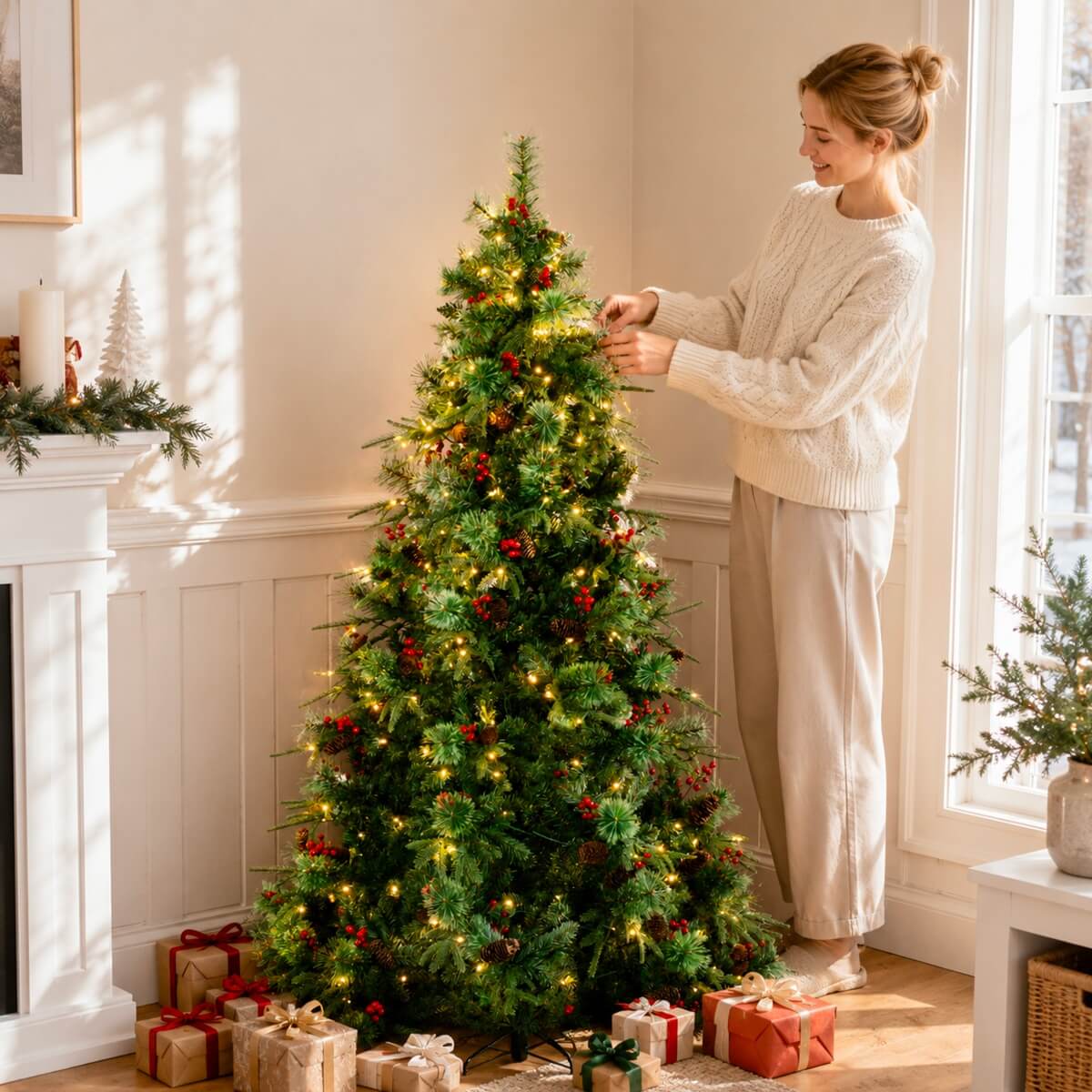 Realistic Green Artificial Christmas Tree with Pine Cones & Red Berries - Pre-Lit Warm White LED PVC Xmas Tree, Easy Setup, 5ft/6ft/7ft