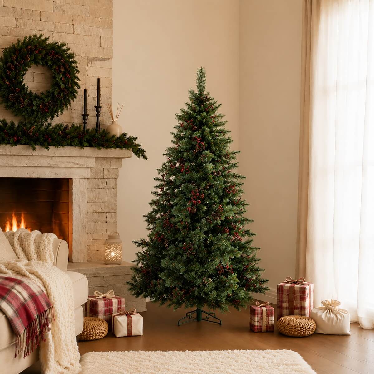 Realistic Full Green Artificial Christmas Tree with Pine Cones & Red Berries - Easy-Setup PVC Xmas Tree, 5ft/6ft/7ft