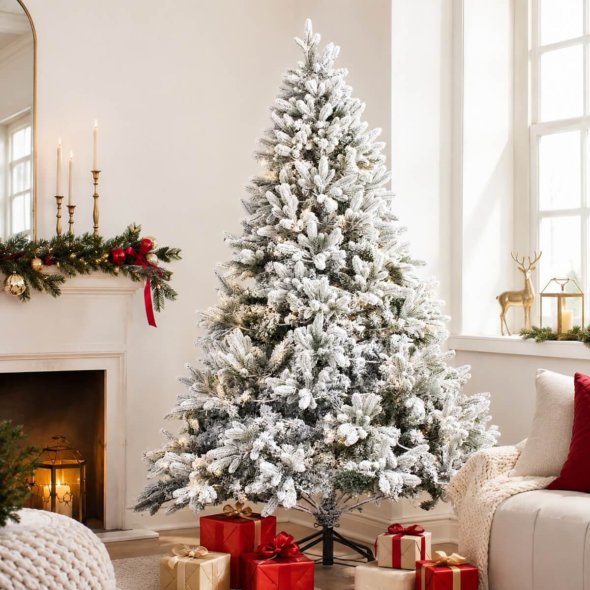 Realistic Snow-Flocked Green Artificial Christmas Tree - Full PVC & PE Mixed-Foliage Xmas Tree with Pre-Lit Warm White LED Lights & Faux Snow Effect, 6ft/7ft/8ft
