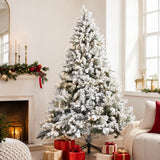 Realistic Snow-Flocked Green Artificial Christmas Tree - Full PVC & PE Mixed-Foliage Xmas Tree with Pre-Lit Warm White LED Lights & Faux Snow Effect, 6ft/7ft/8ft