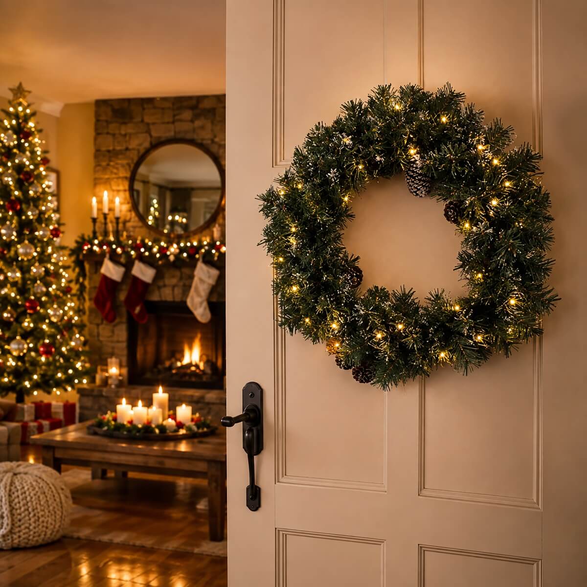 Realistic Christmas Wreath with Pine Cones - Full PVC Foliage Wreath with Pre-Lit LED Lights for Festive Door & Home Decoration