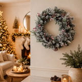 Snow-Flocked Christmas Wreath with Pine Cones & Red Berries - PVC Wreath with Pre-Lit LED Lights