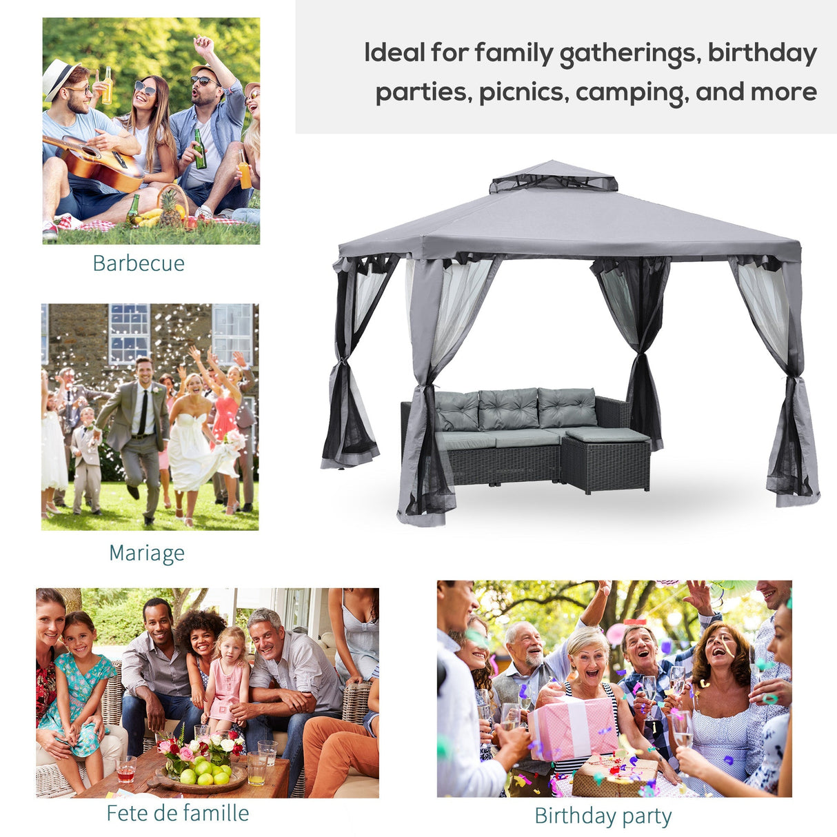 Metal Gazebo 3 x 3 m Double Roof Outdoor Canopy with Mesh Sidewalls, Grey