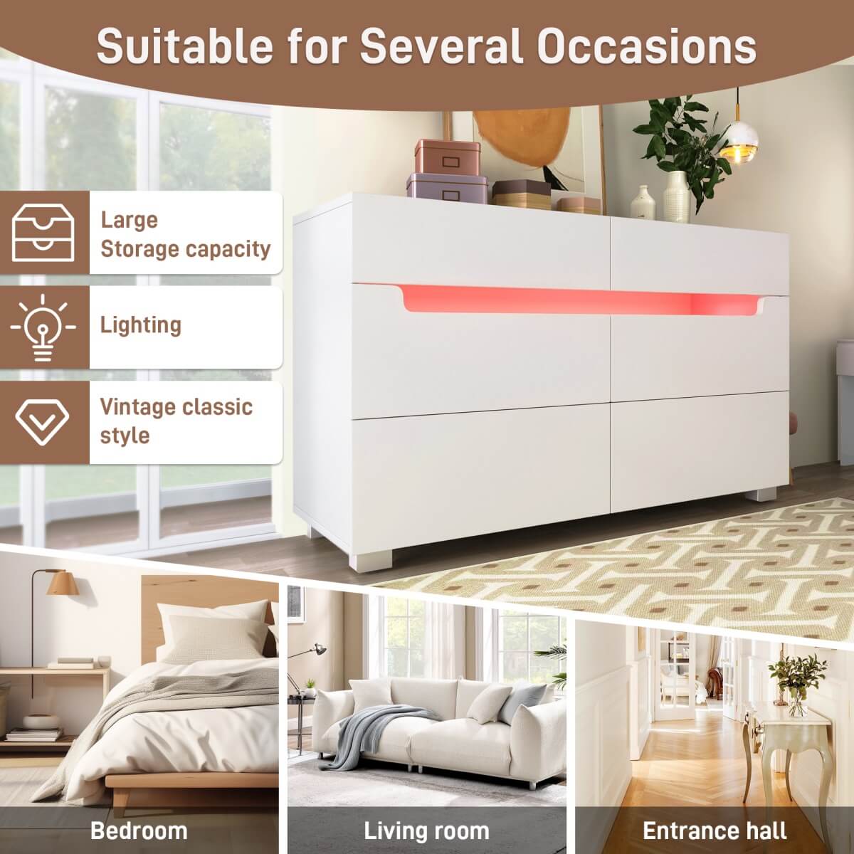 6-Drawer Chest of Drawers with RGB LED Lights - Modern White Storage Sideboard with App Control and Cut-Out Handles