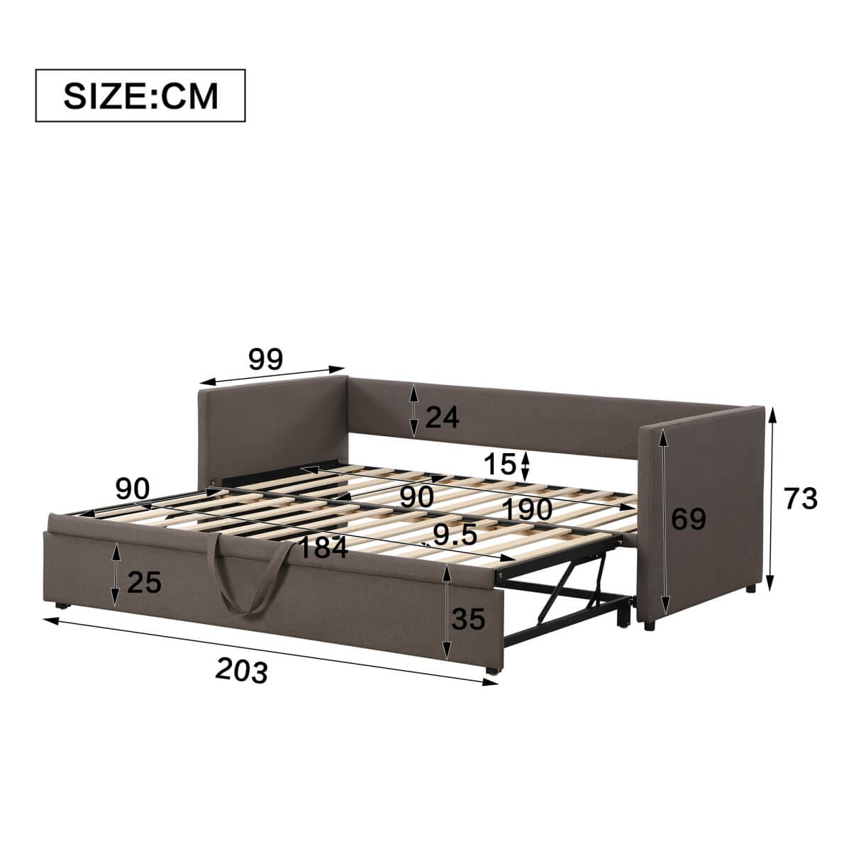 3ft Upholstered Daybed with Pull-Out Trundle - Convertible Single to Double Bed, Linen Grey