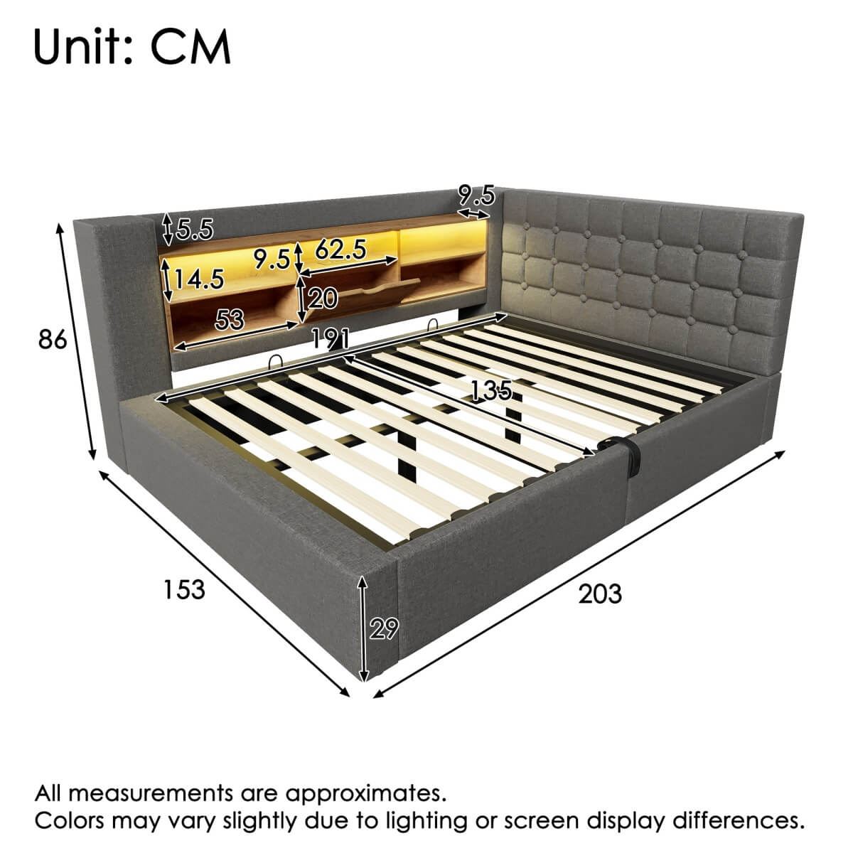4ft6 Double Upholstered Sofa Bed with Hydraulic Storage - Linen Daybed with USB and Type-C Charging Station, Grey