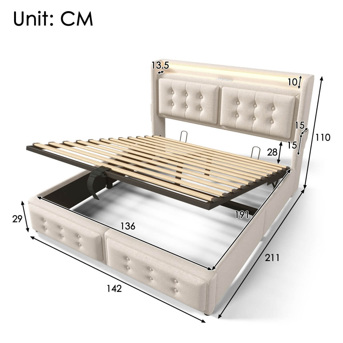 4ft6 Double Upholstered Storage Bed - Hydraulic Bed Frame with LED Headboard, USB & Type-C Charging, Linen, Beige