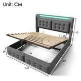 4ft6 Double Upholstered Storage Bed - Hydraulic Bed Frame with LED Headboard, USB & Type-C Charging, Linen, Grey
