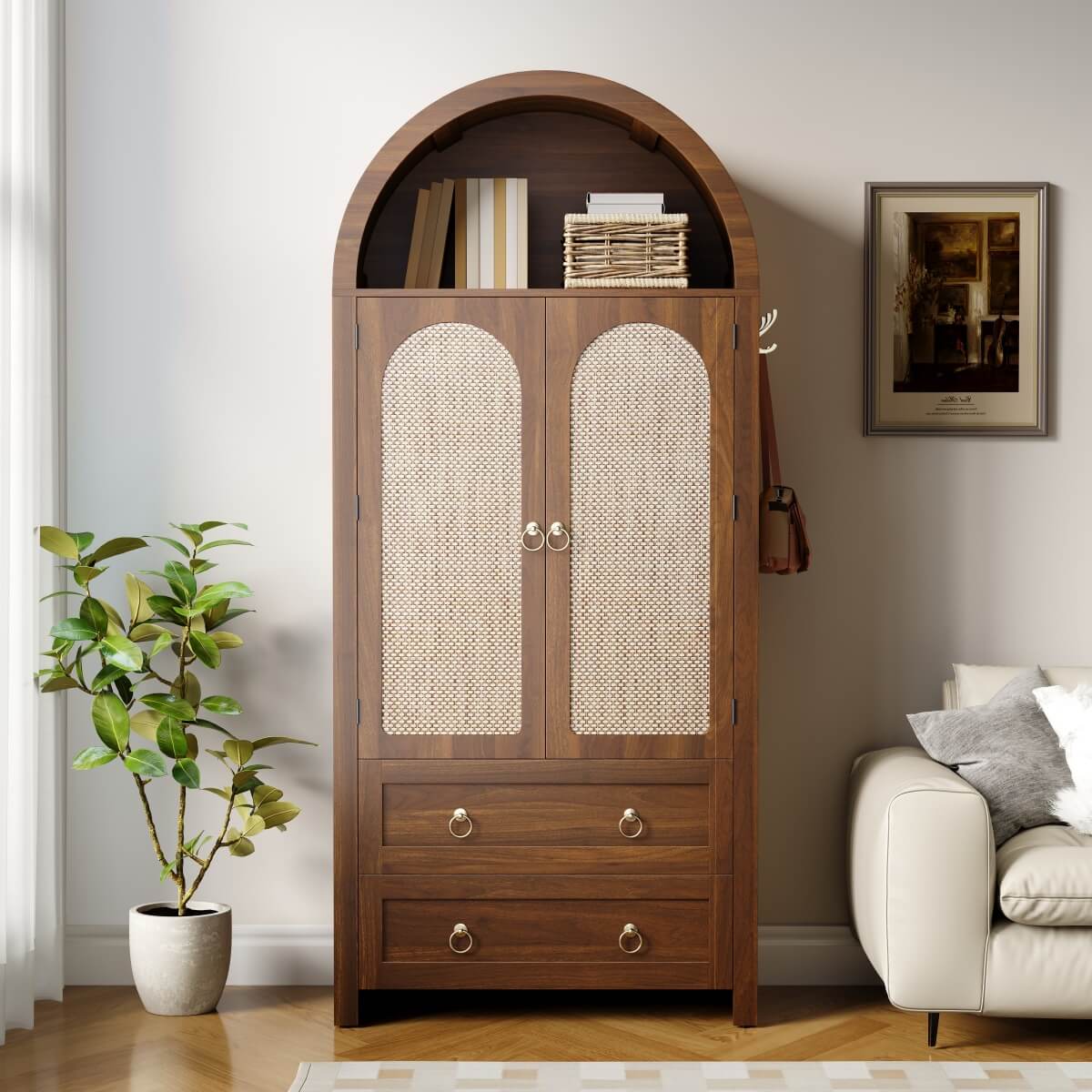 Rattan Effect Sideboard with 2 Drawers - Vintage Storage Cabinet with Arched Design for Living Room and Bedroom, Walnut