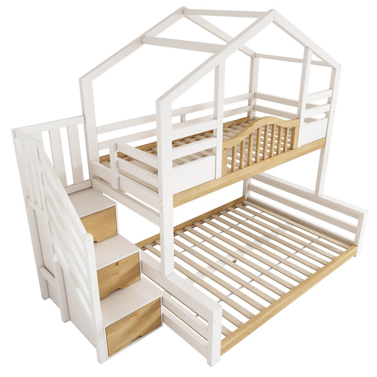 Kids Bunk Bed with Stairs - Storage Drawers, House Design, Solid Wood, White and Natural