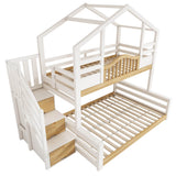 Kids Bunk Bed with Stairs - Storage Drawers, House Design, Solid Wood, White and Natural