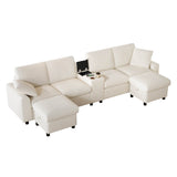 U Shaped Corduroy Sectional Sofa - Modular Sofa with Storage Ottomans, USB & Type-C Charging, Beige