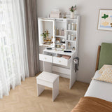 Small Makeup Vanity Desk with Mirror - Adjustable LED Lights, Power Socket, Hair Dryer Holder, Storage Rack & Padded Stool, White