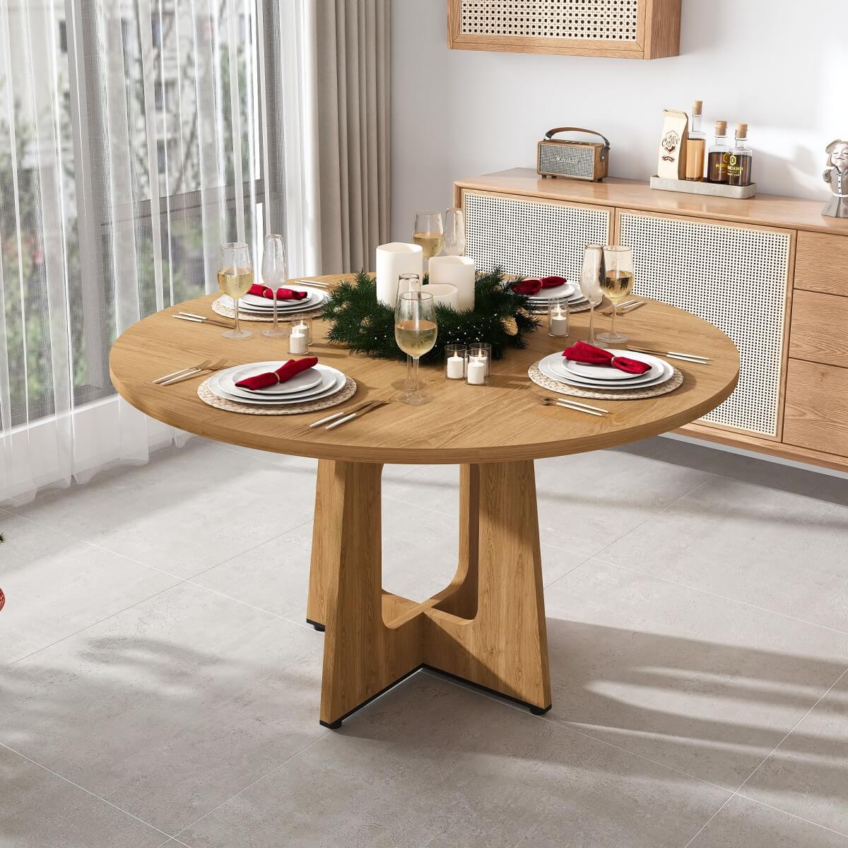 Round Dining Table for 4 - 47 Inch Farmhouse Kitchen Table with Wood Grain Finish, Circular Dining Table for Dining Room & Kitchen, Oak