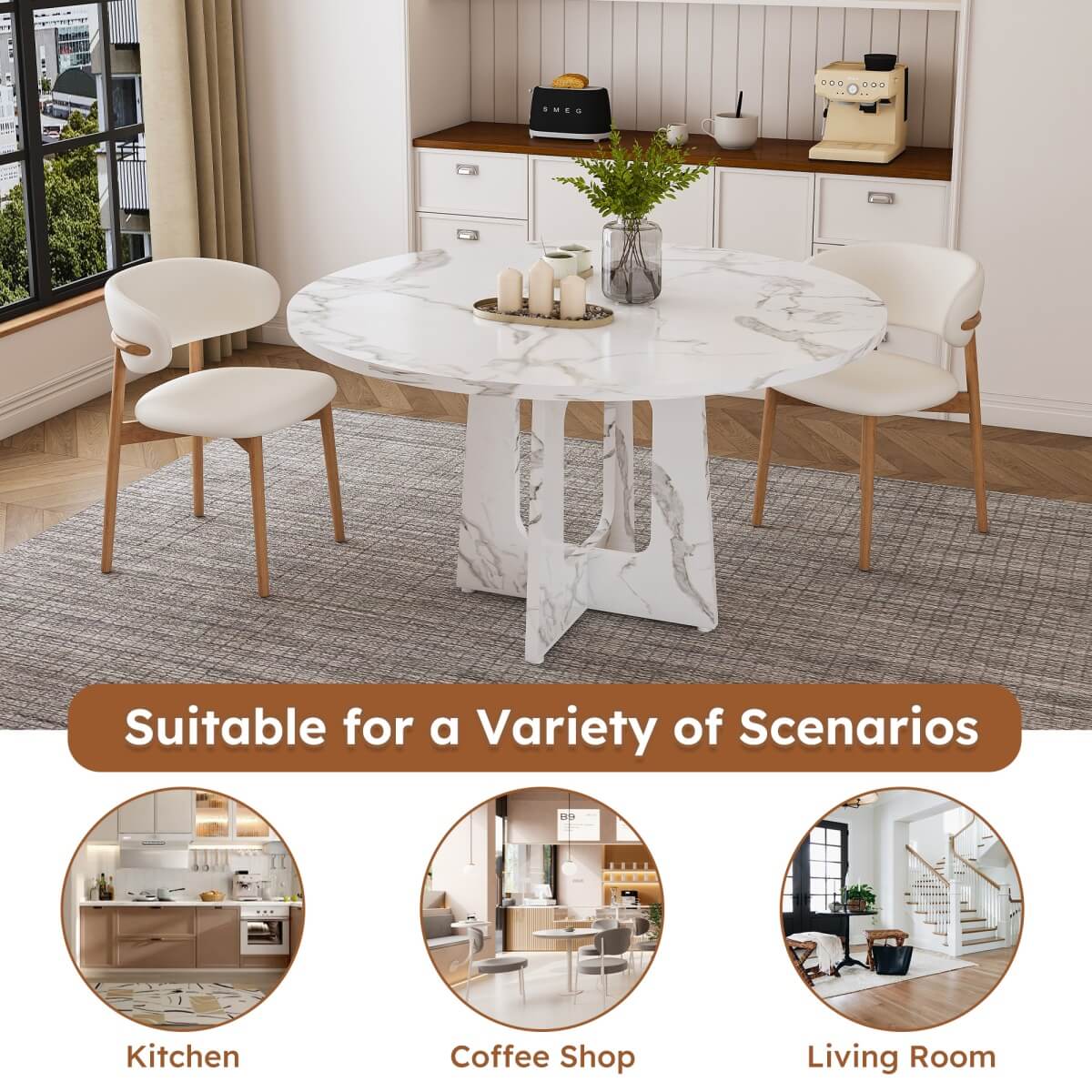 Round Dining Table for 4 - 47 Inch Farmhouse Kitchen Table with Wood Grain Finish, Circular Dining Table for Dining Room & Kitchen, White