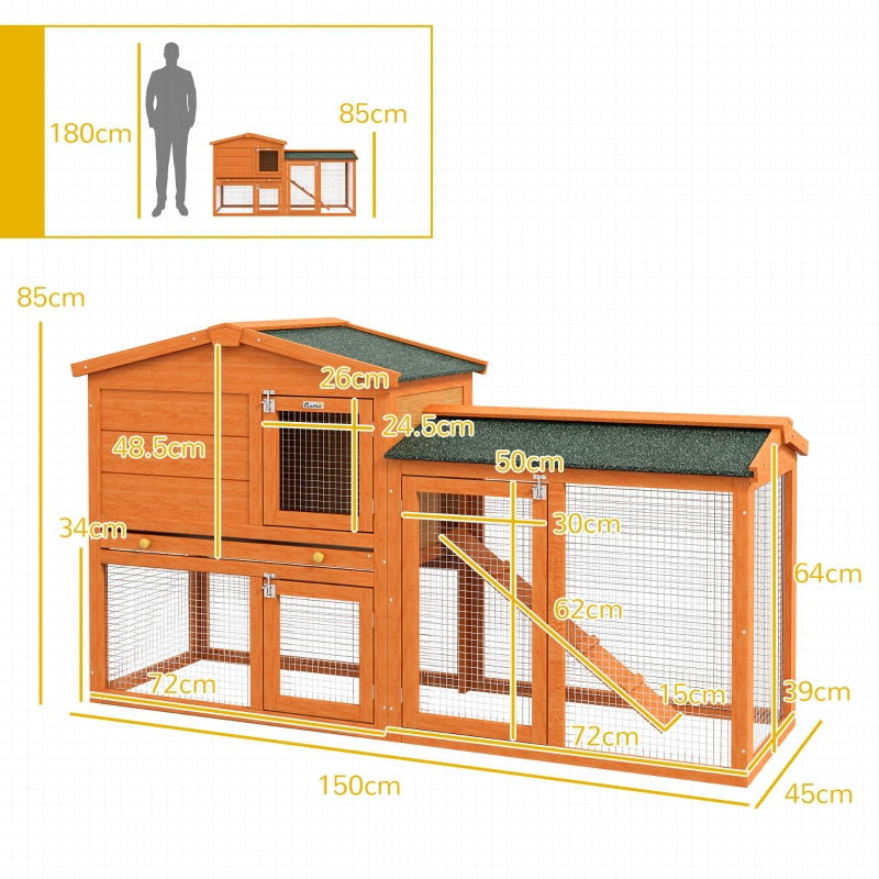 Two-Tier Rabbit Hutch with Run, Ramp, Slide-Out Tray - Orange