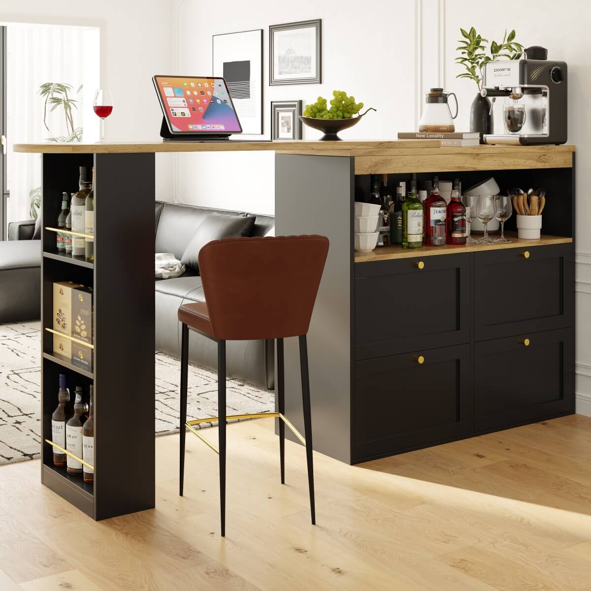 Modern Swivel Bar Table with 4 Drawers - 360-Degree Rotating Design with Open Shelves, Freestanding Dining Table