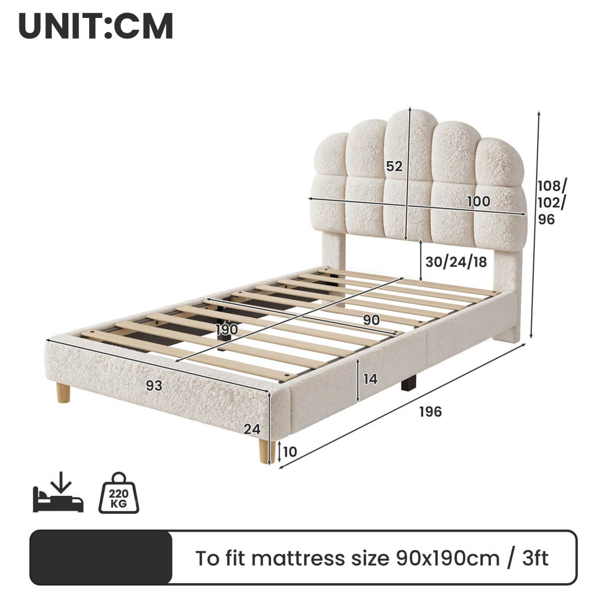 3ft Single Boucle Upholstered Bed Frame with Cloud-Shaped Headboard - Adjustable Headboard, Solid Wood Legs and Sturdy Support, No Box Spring Required, Cream White
