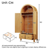 Rattan 2-Door Wardrobe with Arched Top - Hanging Rail, 2 Drawers and Magnetic Door Closures, Oak Effect