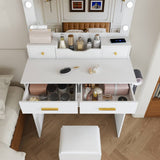Makeup Vanity Desk with Mirror - 9 Hollywood Lights, 4 Drawers, Open Storage, Power Socket, Hair Dryer Holder & Stool, White