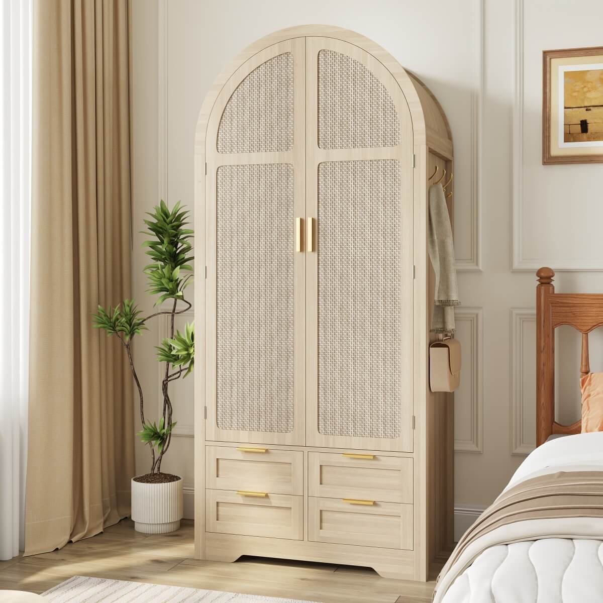 Modern Wardrobe with Curved Doors - Bedroom Storage Cabinet with Hanging Rail and Drawers, Oak