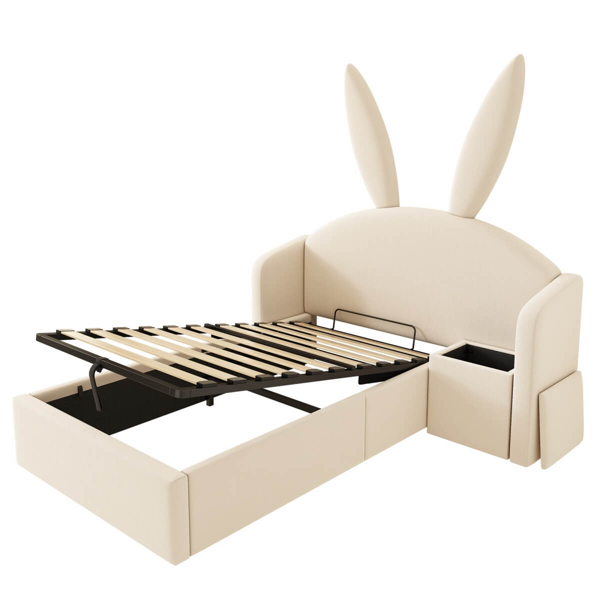 3ft Bunny Ears Kids Storage Bed with Hydraulic Lift & Bedside Shelf - Upholstered Single Bed, Beige
