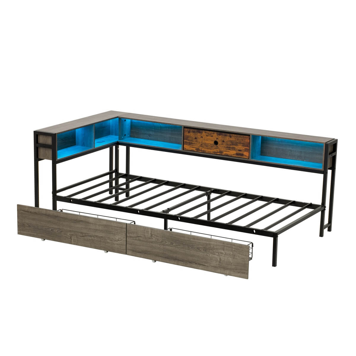 3ft Single Storage Bed with LED Lights & Charging Station - Metal and Wood Bed Frame with Drawers