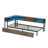 3ft Single Storage Bed with LED Lights & Charging Station - Metal and Wood Bed Frame with Drawers