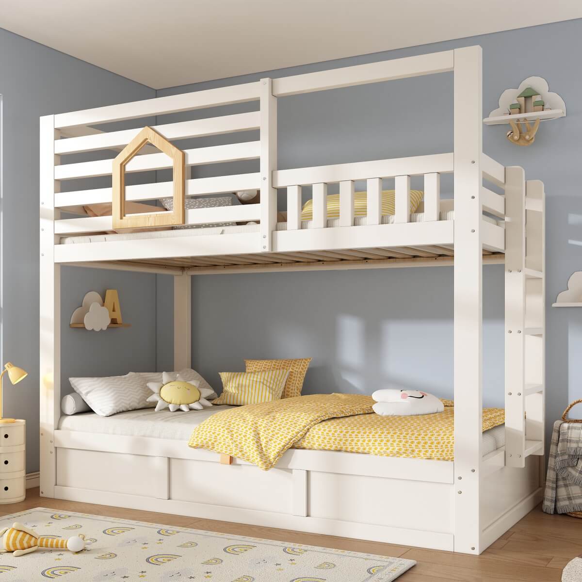 Kids Cabin House Bunk Bed with Storage - Wooden Twin Sleeper Bed with Ladder, White