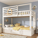 Kids Cabin House Bunk Bed with Storage - Wooden Twin Sleeper Bed with Ladder, White
