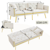 2-Seater Convertible Sofa Bed – Adjustable Backrest with Gold Accents and Built-in Cup Holders
