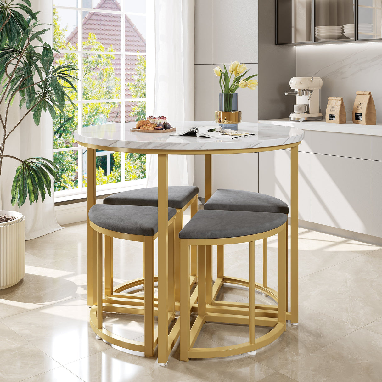 Modern Metal Frame Round Marble Dining Table and Chair Set (5 Pieces) with 4 Semi-Circular Stools
