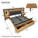 5ft King Upholstered Bed with Reading Lamp and USB-C Charging - Linen Bed Frame with Nightstand and Storage Bench, Oak