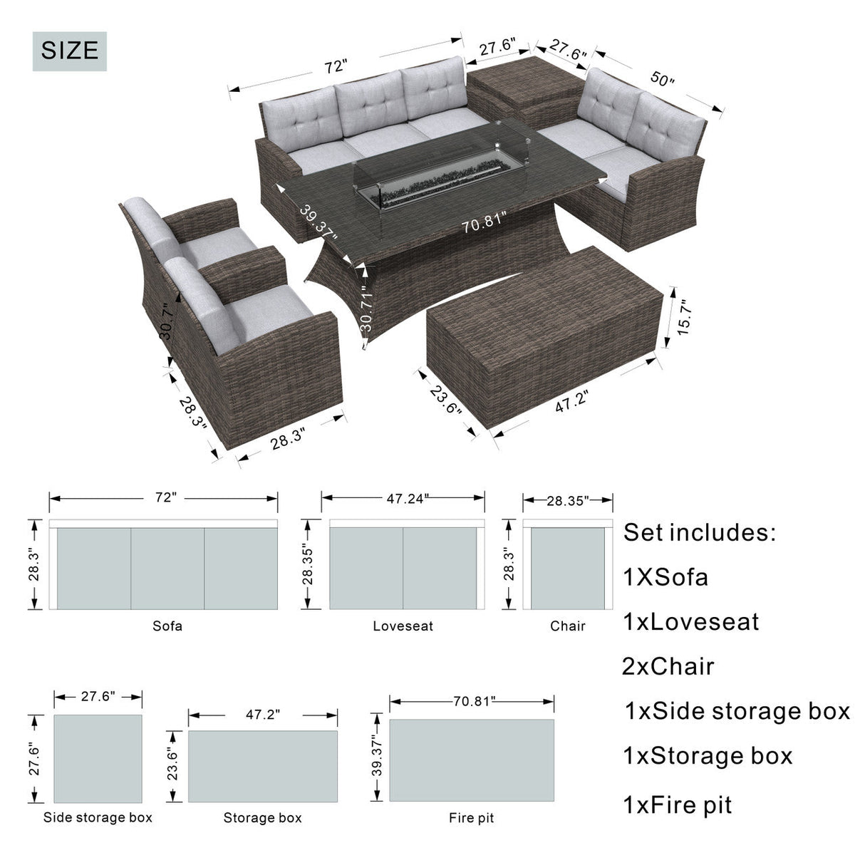 Savannah Sunset 6-Piece Outdoor Rattan Fire Pit Set with Sofas & Storage (PAG-1503+1106R)