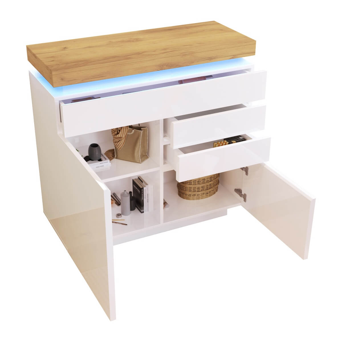 High Gloss Sideboard Cabinet with 2 Doors & 3 Drawers - RGB LED Storage Chest of Drawers for Living Room & Bedroom, White