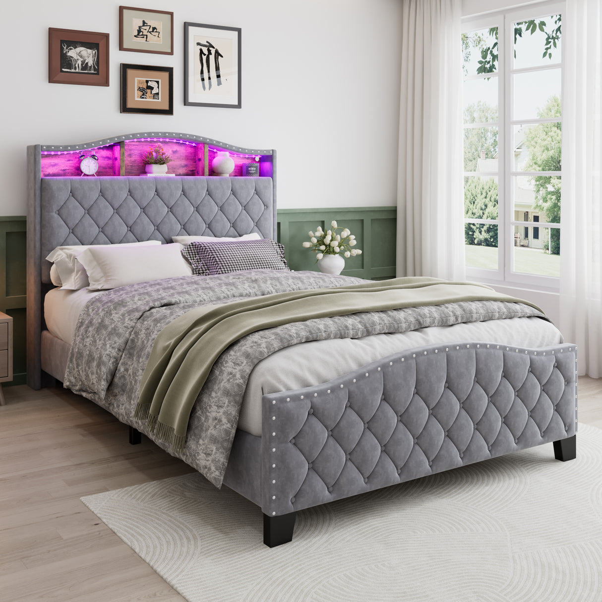 Upholstered Bed, 4ft6 double bed 135x190cm, Storage Bed, Soft backrest, With bed slats, With LED light strip, For adults & teenagers, Velvet, Grey
