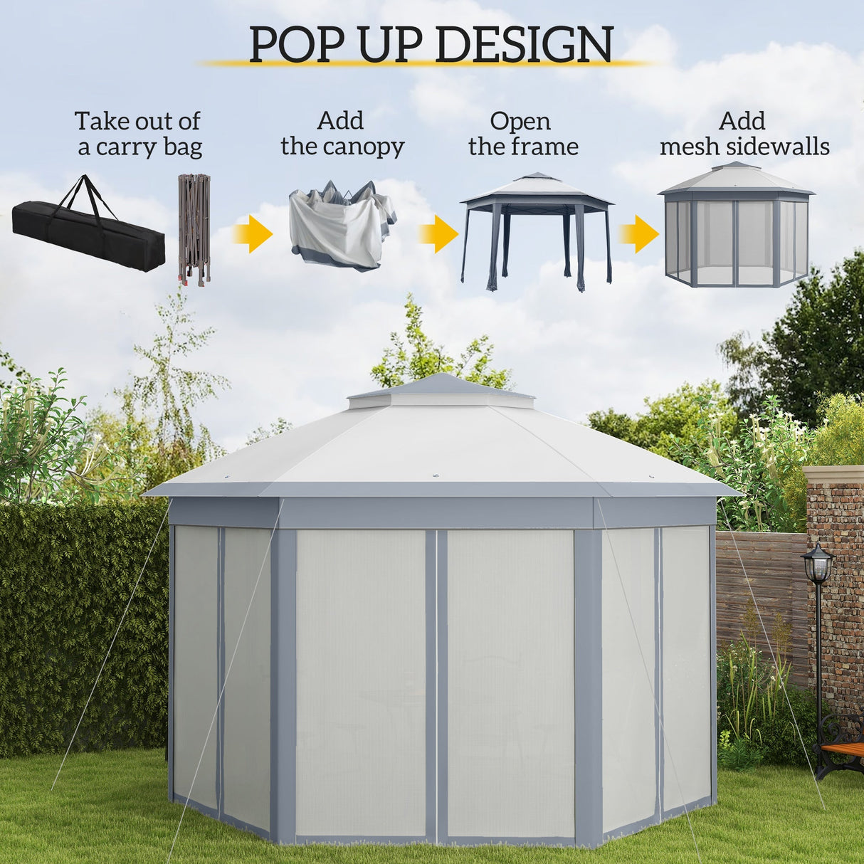 Metal Frame Hexagon Gazebo, 3 x 4m with Curtains - Grey