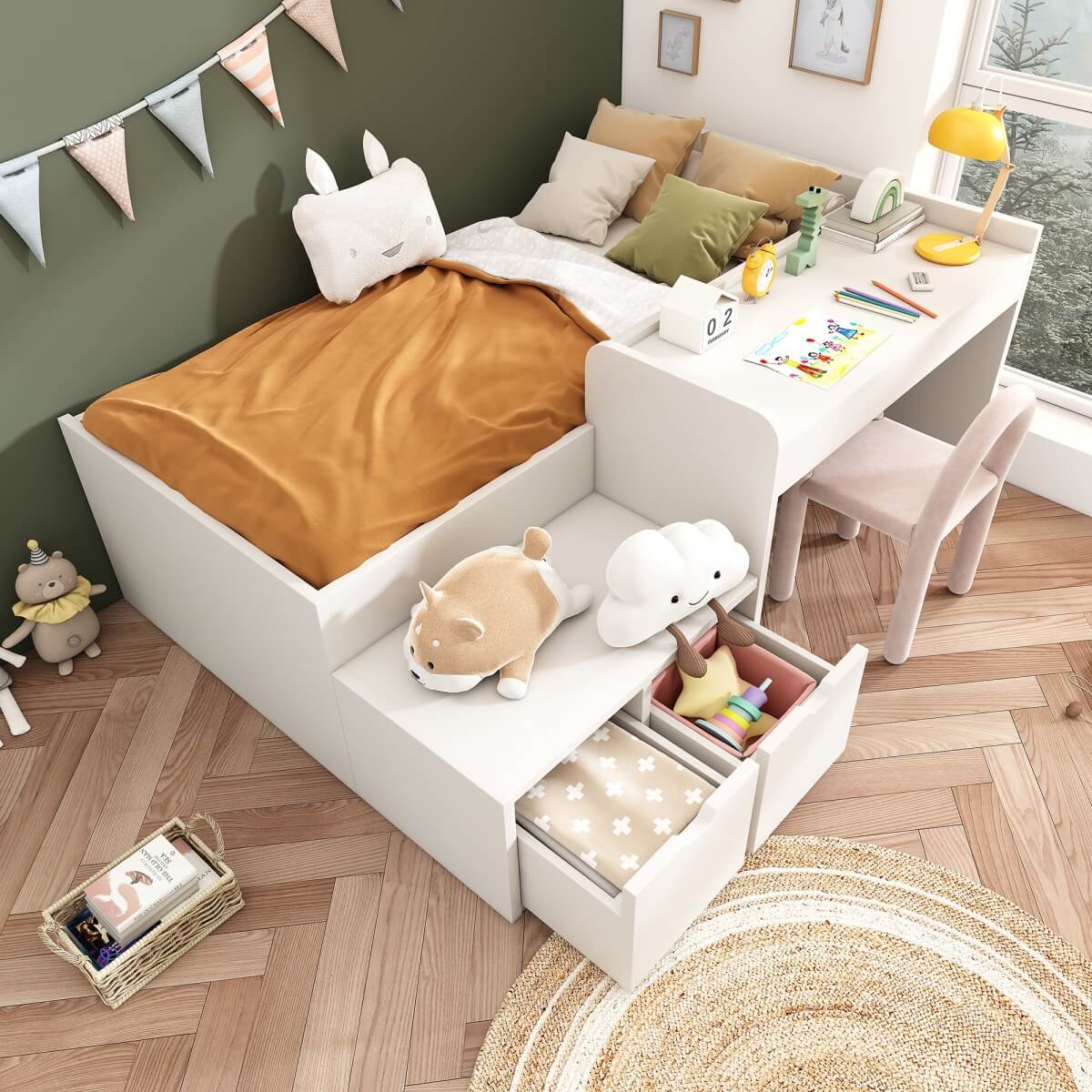 3ft Kids Single Bed with Desk & Drawers – White Wooden Storage Bed for Teens & Adults