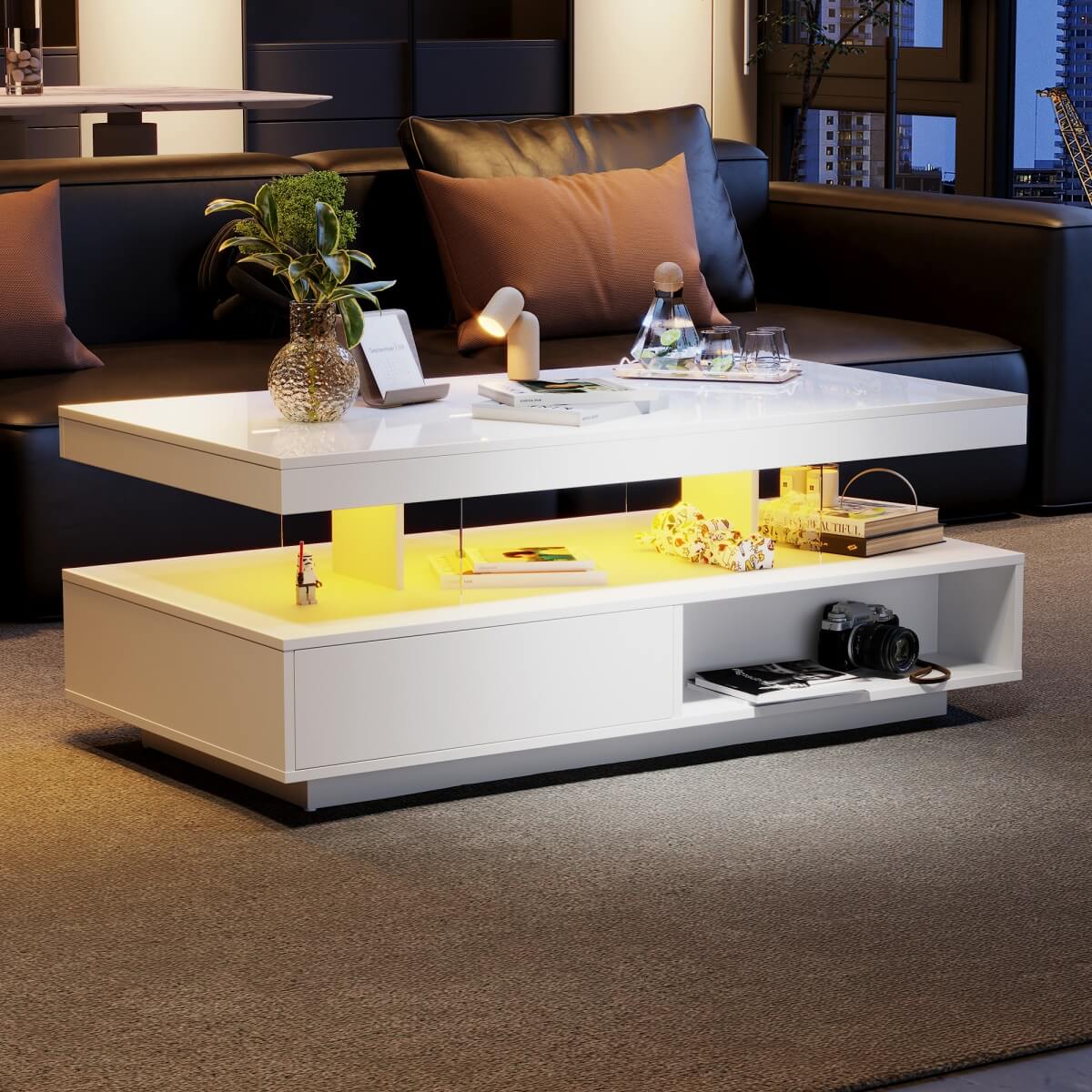 LED Coffee Table with Storage - High Gloss Centre Table with 2 Drawers, White