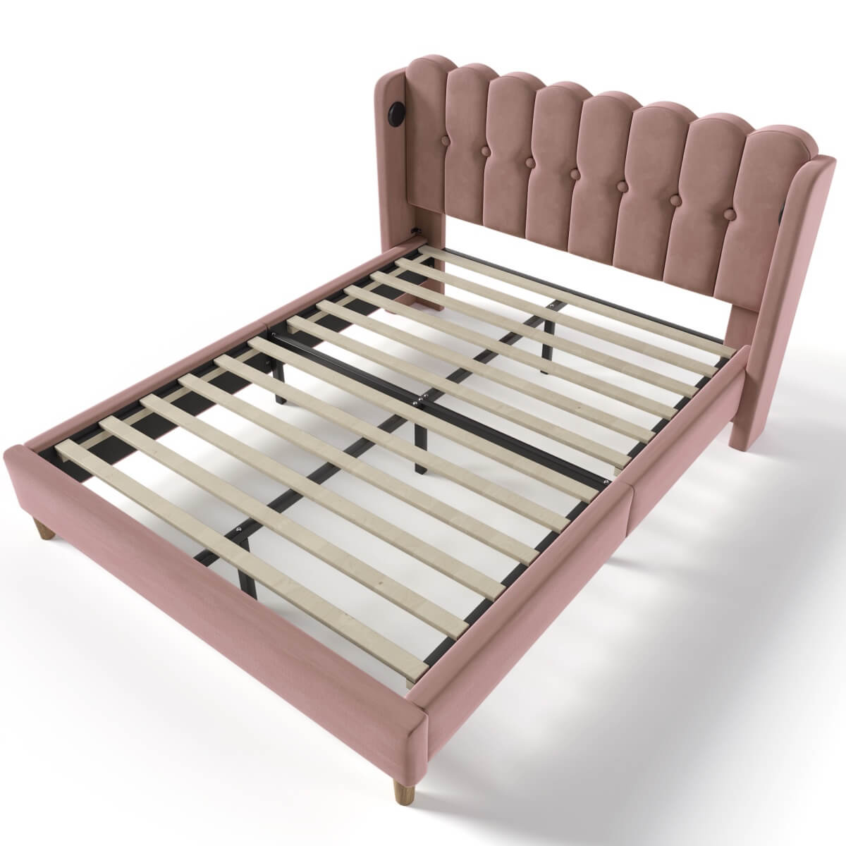 4ft6 Double Pink Velvet Bed – Upholstered Bed with USB & Type-C Charging for Teens & Gu est Rooms