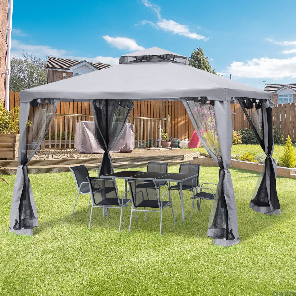 Metal Gazebo 3 x 3 m Double Roof Outdoor Canopy with Mesh Sidewalls, Grey