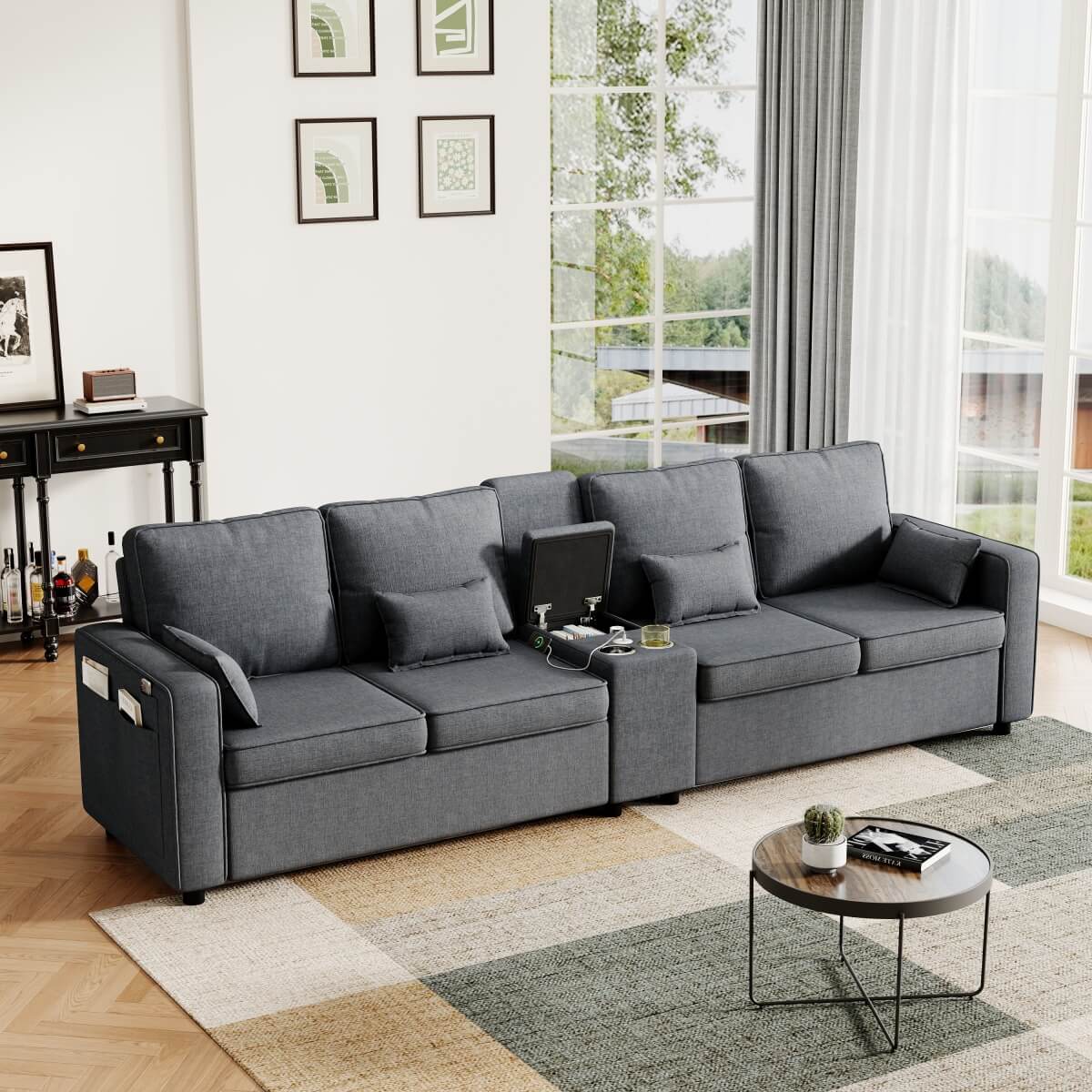 4-Seater Modern Sofa - Grey Linen, Storage Console, Cup Holders & USB/Type-C Charging