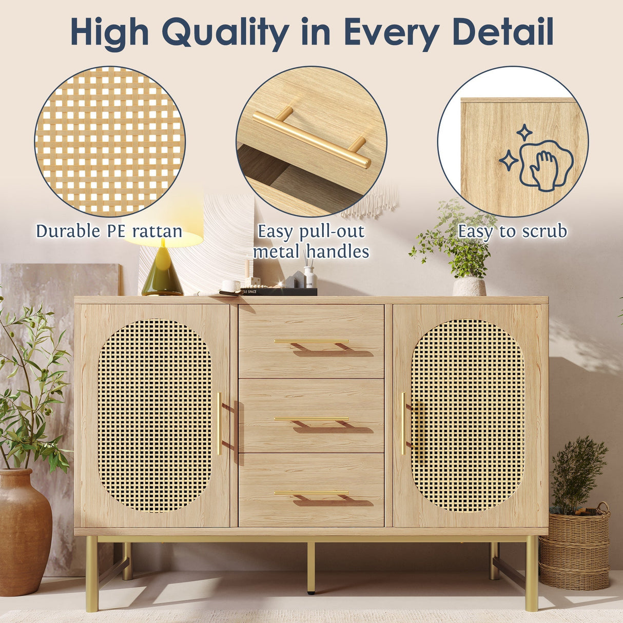Rattan Sideboard Storage Cabinet with 2 Doors & 3 Drawers, Metal Handles, Adjustable Shelves, Oak
