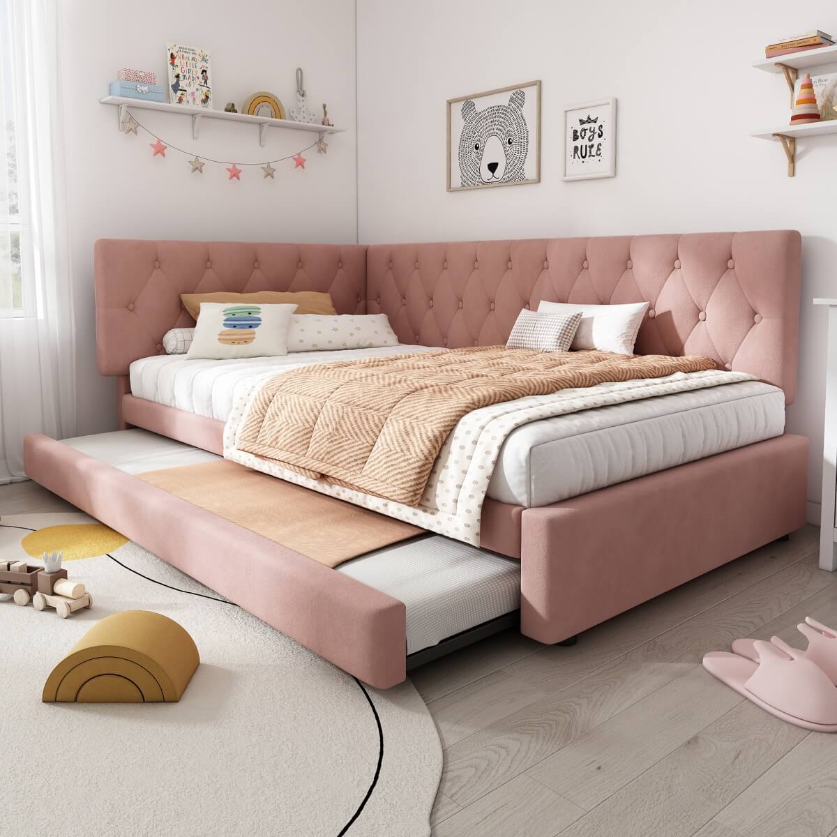 Upholstered Daybed with Pull-Out Bed - 3FT Single Sofa Bed 90x190cm, Trundle Guest Bed with Slatted Frame, Velvet