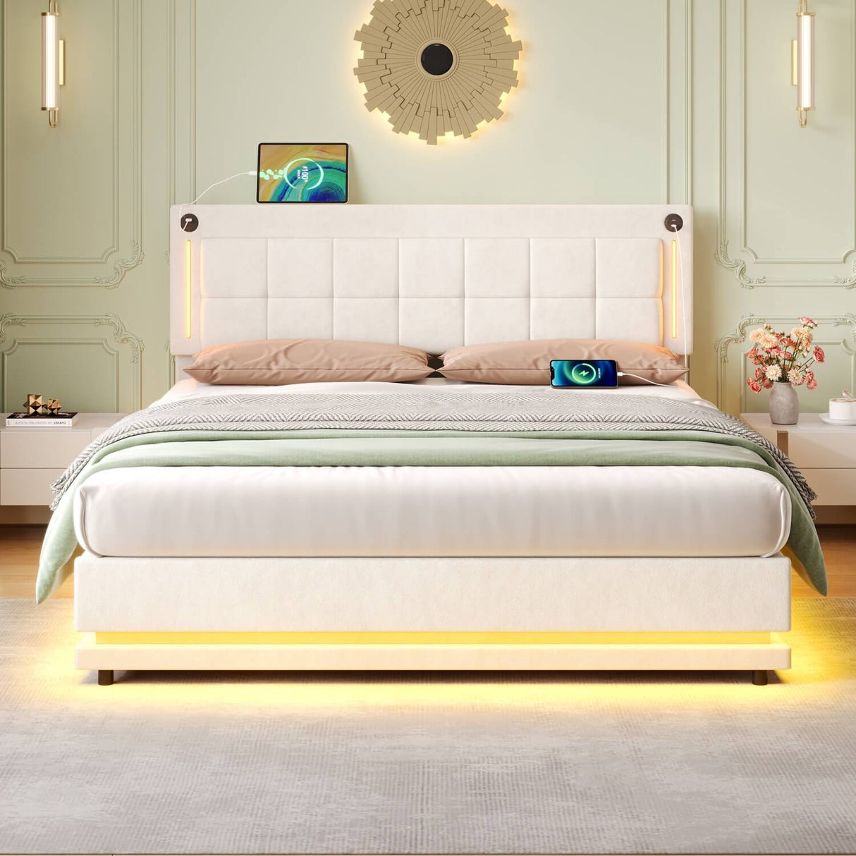 4ft6 Double Velvet LED Hydraulic Bed - Adjustable Tufted Headboard with USB and Type C Charging