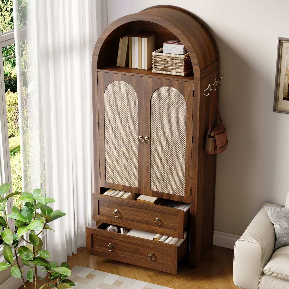 Rattan Effect Sideboard with 2 Drawers - Vintage Storage Cabinet with Arched Design for Living Room and Bedroom, Walnut