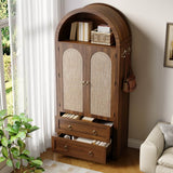 Rattan Effect Sideboard with 2 Drawers - Vintage Storage Cabinet with Arched Design for Living Room and Bedroom, Walnut