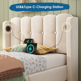 3ft Single Upholstered Bed - Velvet Bed Frame with USB & Type-C Charging, Wooden Slats, Beige