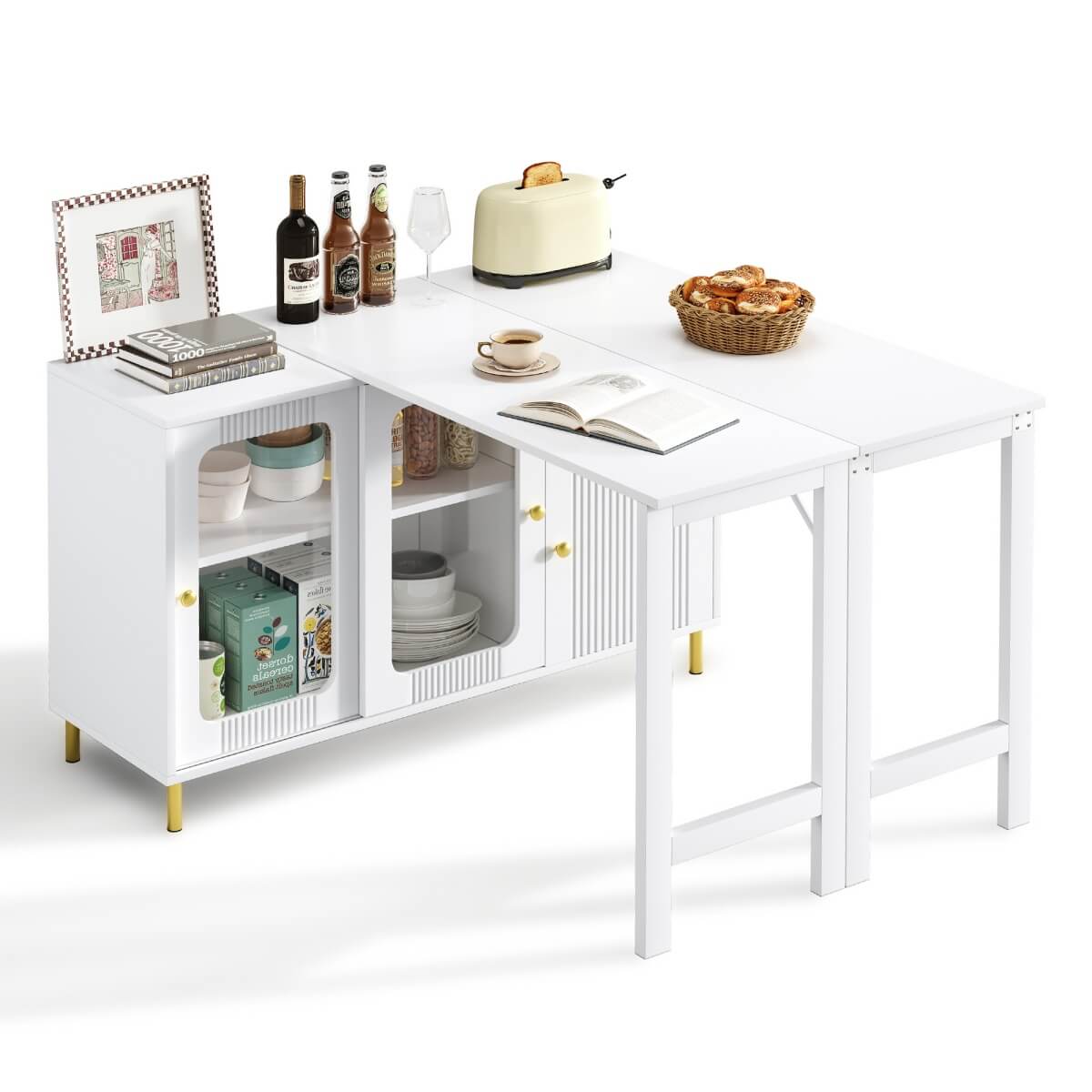 Multifunctional Bar Table – Dining & Storage Cabinet with Rotating Extendable Top and Glass Doors