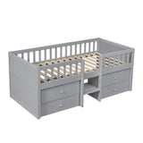 3ft Single Kids Low Loft Bed with Storage Drawers – Grey Solid Wood Space-Saving Bed Frame with Guardrail